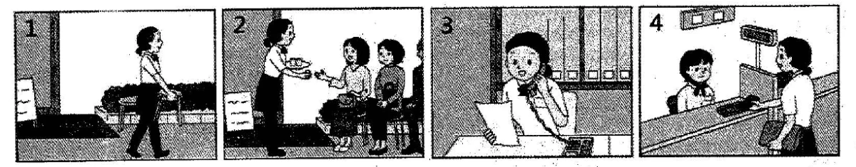 Picture options. Option 1: A person walking with a bag Option 2: A person handing a tray to seated people Option 3: A person sitting at a desk on the phone Option 4: A person paying at a counter — from the JLPT N3 Dec 2017 listening section