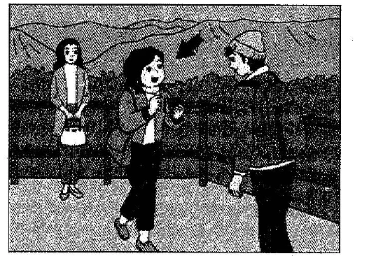 Scene: Three people outside in the mountains; the arrow points to a woman in a backpack speaking to another woman — from the JLPT N3 Dec 2017 listening section