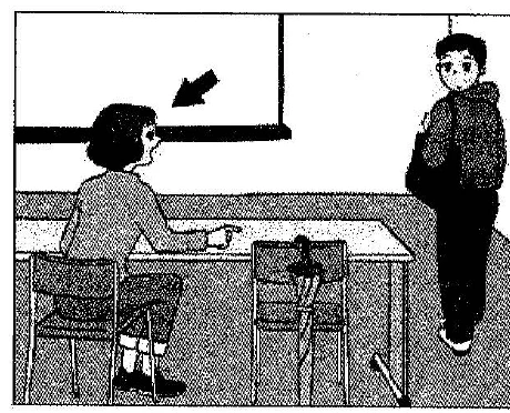 Scene: A student at a desk with an umbrella; the arrow points to the person approaching the desk — from the JLPT N3 Dec 2017 listening section