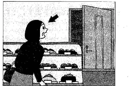 Scene: A person looking at a shelf of shoes; the arrow points to the person looking at the shoes — from the JLPT N3 Dec 2017 listening section