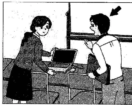 Scene: Two people at a desk with a laptop; the arrow points to the man standing and looking at the woman — from the JLPT N3 Dec 2017 listening section
