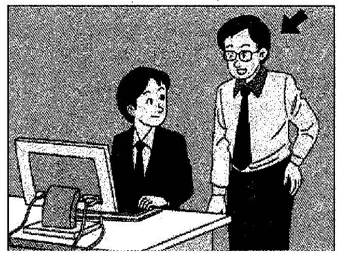 Scene: An arrow points to a man standing near a desk where a colleague is sitting — from the JLPT N3 July 2017 listening section
