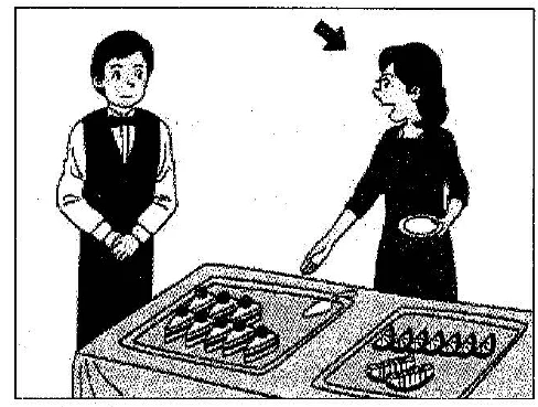 Scene: An arrow points to a man standing behind a table with food, looking at a woman — from the JLPT N3 July 2017 listening section