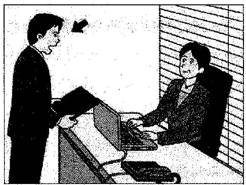 Scene: An arrow points to a man standing at an office cubicle talking to a woman sitting at a desk — from the JLPT N3 July 2017 listening section