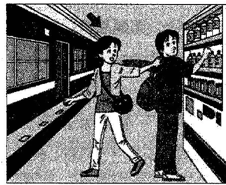 Scene: An arrow points to a woman on a train platform talking to a man standing nearby — from the JLPT N3 July 2017 listening section