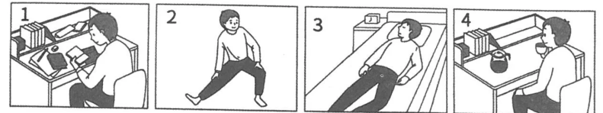Picture options. Option 1: A man sitting at a desk with books, looking at a smartphone. Option 2: A man sitting on a floor mat, stretching his legs. Option 3: A man lying in bed on his back, eyes open. Option 4: A man sitting at a table with a tray and a cup, looking ahead — from the JLPT N3 Dec 2018 listening section