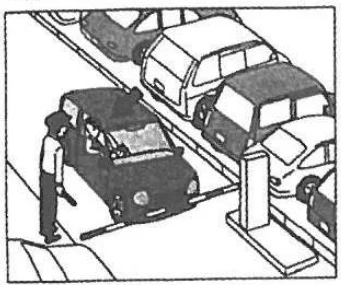 Scene: A man standing behind a car in a traffic jam, arrow pointing to him — from the JLPT N3 Dec 2018 listening section