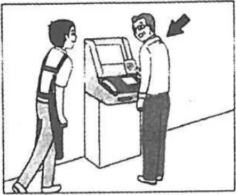 Scene: A man standing at a payment kiosk/ATM, another man waiting behind, arrow pointing to the man at the machine — from the JLPT N3 Dec 2018 listening section