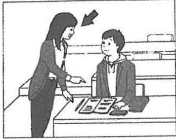 Scene: A woman standing in an office talking to a man seated at a desk, arrow pointing to the woman — from the JLPT N3 Dec 2018 listening section