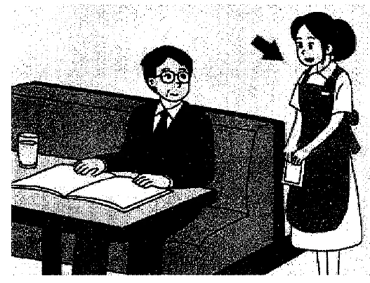 Scene: A man is sitting at a restaurant booth with an open book on the table. A waitress stands nearby. An arrow points at the waitress — from the JLPT N3 July 2018 listening section