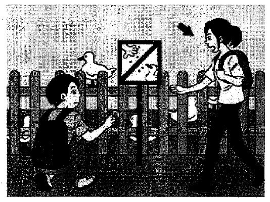 Scene: A child is crouching near a fence looking at a duck. A woman walks nearby. A sign on the fence depicts a duck inside a red-slashed circle. An arrow points at the woman — from the JLPT N3 July 2018 listening section