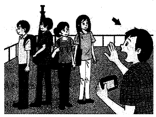 Scene: A group of four people are standing together, while one man standing apart is waving his hand and holding a camera or small device. An arrow points at the waving man — from the JLPT N3 July 2018 listening section