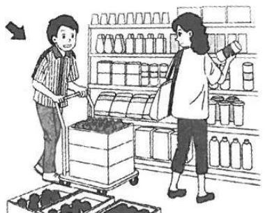 Scene: A man at a shop looking at a shelf of items, pointing at something; an arrow points to the man — from the JLPT N3 July 2019 listening section
