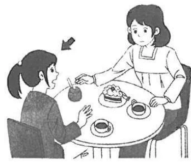 Scene: Two women sitting at a table with cake and tea; one woman is gesturing toward the other; an arrow points to the gesturing woman — from the JLPT N3 July 2019 listening section