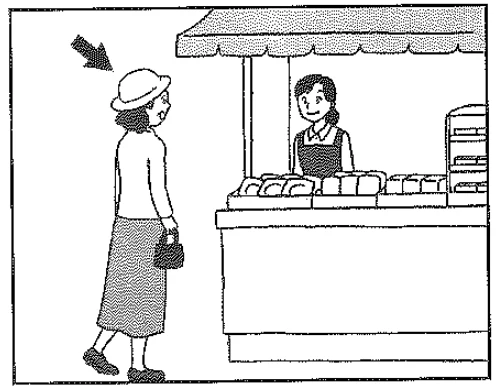 Scene: An arrow points to a woman wearing a hat standing at an outdoor fruit stand talking to the vendor — from the JLPT N4 2010–2011 listening section