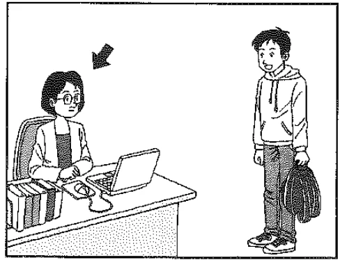 Scene: An arrow points to a woman sitting at a desk with a laptop and books, looking at a man standing with a backpack — from the JLPT N4 2010–2011 listening section