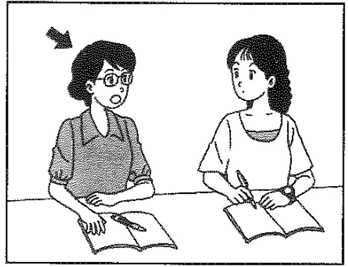 Scene: An arrow points to a woman wearing glasses who is talking to another woman seated next to her; both have notebooks and pens — from the JLPT N4 2010–2011 listening section