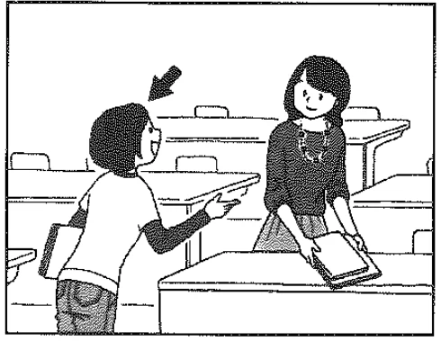 Scene: An arrow points to a woman standing by a classroom desk talking to another woman sitting at the desk holding a book — from the JLPT N4 2010–2011 listening section