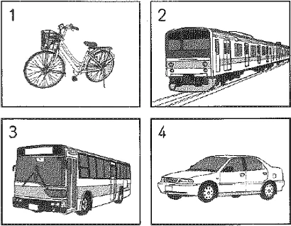 Picture options. Option 1: A bicycle with a front basket Option 2: A train Option 3: A bus Option 4: A sedan car — from the JLPT N4 2012 listening section
