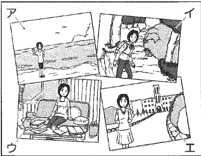 Scene: Four photos labeled ア (beach), イ (hiking), ウ (sitting on a sofa), and エ (standing outside a building) — from the JLPT N4 2012 listening section