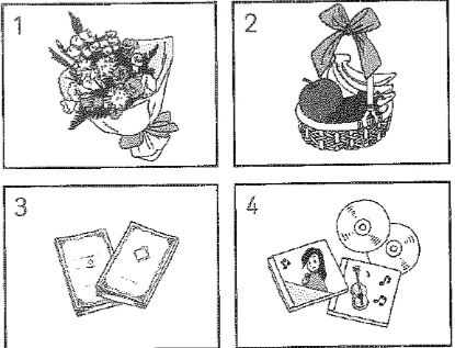 Picture options. Option 1: A bouquet of flowers Option 2: A basket of fruit with a ribbon Option 3: Two square books or picture frames Option 4: CDs and a photo of a person — from the JLPT N4 2012 listening section