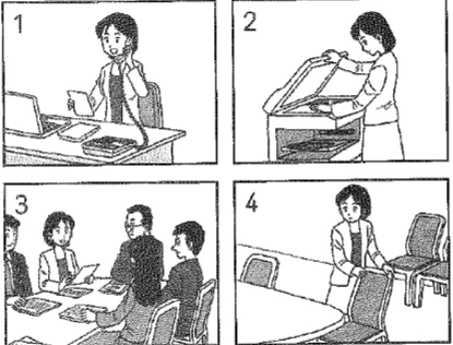 Picture options. Option 1: A woman on the phone at a desk Option 2: A woman using a photocopier Option 3: Four people sitting around a table having a meeting Option 4: A woman standing near a table and chairs — from the JLPT N4 2012 listening section