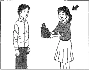 Scene: A woman is handing a gift bag to a man. The arrow indicates the woman — from the JLPT N4 2012 listening section