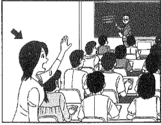 Scene: Students are in a classroom. One female student is raising her hand. The arrow indicates her — from the JLPT N4 2012 listening section