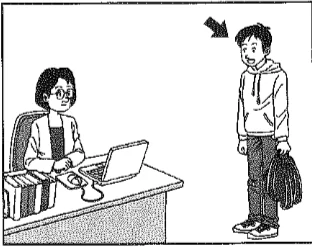Scene: A young man is standing with a bag, talking to a woman seated at a desk with a laptop. The arrow indicates the man — from the JLPT N4 2012 listening section