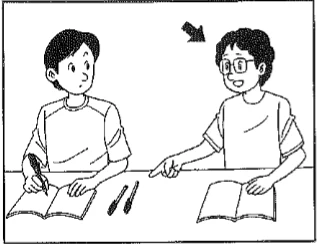 Scene: Two people are studying together at a desk. One person is pointing to something in a book. The arrow indicates the person pointing — from the JLPT N4 2012 listening section