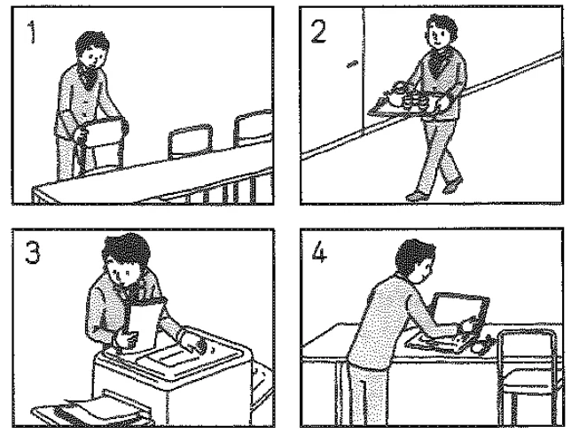 Picture options. Option 1: A person standing by a chair at a table. Option 2: A person carrying a tray with cups in a hallway. Option 3: A person using a photocopier. Option 4: A person sitting at a desk with a laptop — from the JLPT N4 Dec 2013 listening section