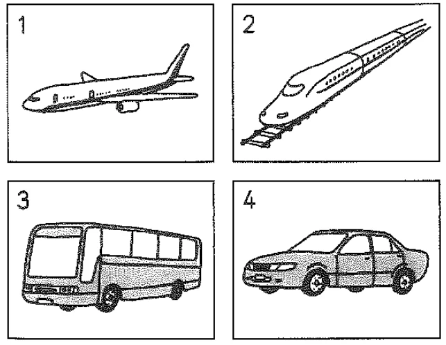 Picture options. Option 1: An airplane. Option 2: A Shinkansen (bullet train). Option 3: A bus. Option 4: A car — from the JLPT N4 Dec 2013 listening section