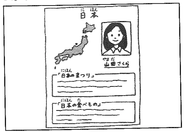 Scene: A poster titled 日本[にほん] with a map, a photo of Yamada Sakura, and two sections for essays titled 「日本のまつり」 and 「日本の食べもの」 — from the JLPT N4 Dec 2013 listening section