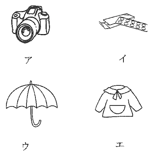 Scene: Four items labeled ア: camera, イ: tickets/vouchers, ウ: umbrella, エ: shirt — from the JLPT N4 Dec 2013 listening section