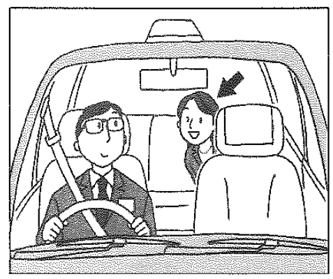Scene: Inside a taxi, an arrow points to a woman in the back seat speaking to the driver — from the JLPT N4 Dec 2013 listening section