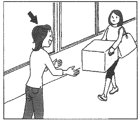 Scene: A woman is walking out of a door. An arrow points to another woman who is helping her by holding a box — from the JLPT N4 Dec 2013 listening section