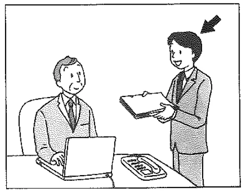 Scene: An arrow points to a young man handing a small notebook/book to an older man sitting at a desk with a laptop — from the JLPT N4 Dec 2013 listening section