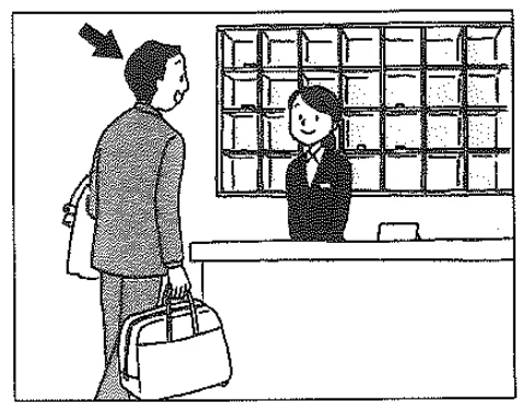 Scene: An arrow points to a man standing at a reception desk, holding a bag, looking at the receptionist behind a grid of keys/mailboxes — from the JLPT N4 Dec 2013 listening section