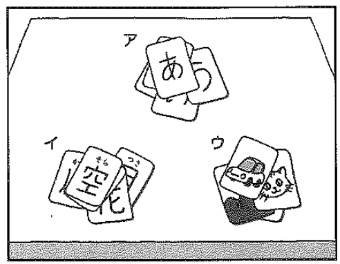 Scene: A table with three groups of cards labeled ア (hiragana), イ (kanji with ruby), and ウ (pictures) — from the JLPT N4 July 2013 listening section