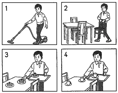 Picture options. Option 1: A man using a vacuum cleaner. Option 2: A man standing by a table with four chairs. Option 3: A man carrying a tray with two cups to a table where two people are seated. Option 4: A man setting down a tray with two cups on a table where two people are seated — from the JLPT N4 July 2013 listening section