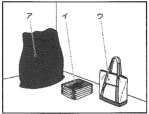 Scene: Three items on a table: a large bag (ア), a stack of books/papers (イ), and a smaller handbag (ウ) — from the JLPT N4 July 2013 listening section