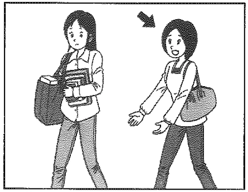 Picture options. Option 1: Two women walking together, an arrow points to the woman on the right who is empty-handed — from the JLPT N4 July 2013 listening section