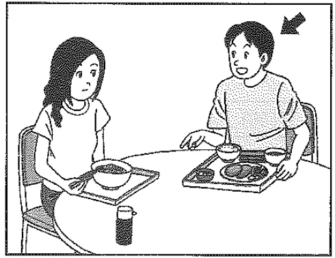 Picture options. Option 1: A man and a woman sitting at a table with food, an arrow points to the man — from the JLPT N4 July 2013 listening section