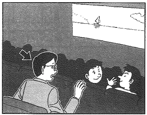 Picture options. Option 1: People in a dark theater watching a screen, an arrow points to a man talking to someone behind him — from the JLPT N4 July 2013 listening section