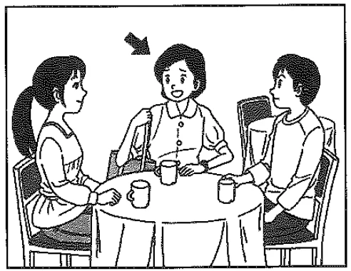 Picture options. Option 1: Three people at a table with drinks, an arrow points to the woman sitting in the middle — from the JLPT N4 July 2013 listening section