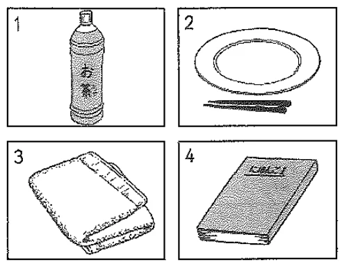 Picture options. Option 1: a plastic bottle of tea with characters written on it Option 2: a plate with a spoon and chopsticks Option 3: a folded towel Option 4: a thin book or notebook — from the JLPT N4 July 2014 listening section