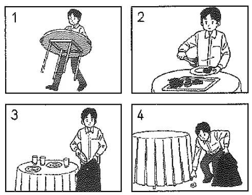 Picture options. Option 1: a man standing by a small table covering it with a cloth Option 2: a man sitting at a table with food served Option 3: a man standing by a table set with wine and glasses Option 4: a man putting a large tablecloth on a round table — from the JLPT N4 July 2014 listening section