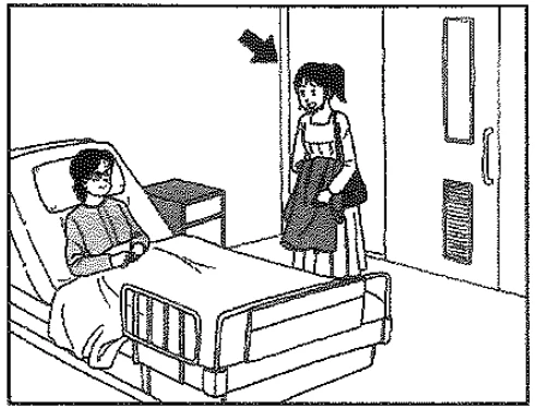 Scene: A woman standing by a hospital bed where another person is lying down; an arrow points to the standing woman — from the JLPT N4 July 2014 listening section