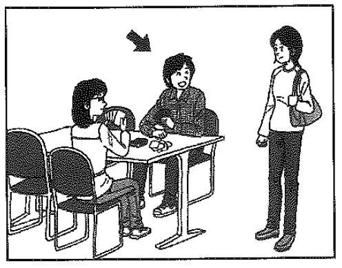 Scene: Three people sitting at a table in a cafe, another person is standing and walking towards them; an arrow points to the standing person — from the JLPT N4 July 2014 listening section