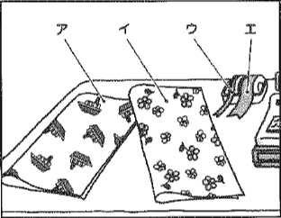 Scene: A box of patterned cloths or papers labeled ア (mountains), イ (flowers), ウ (rubber band/string), エ (tape/label) — from the JLPT N4 2018 listening section